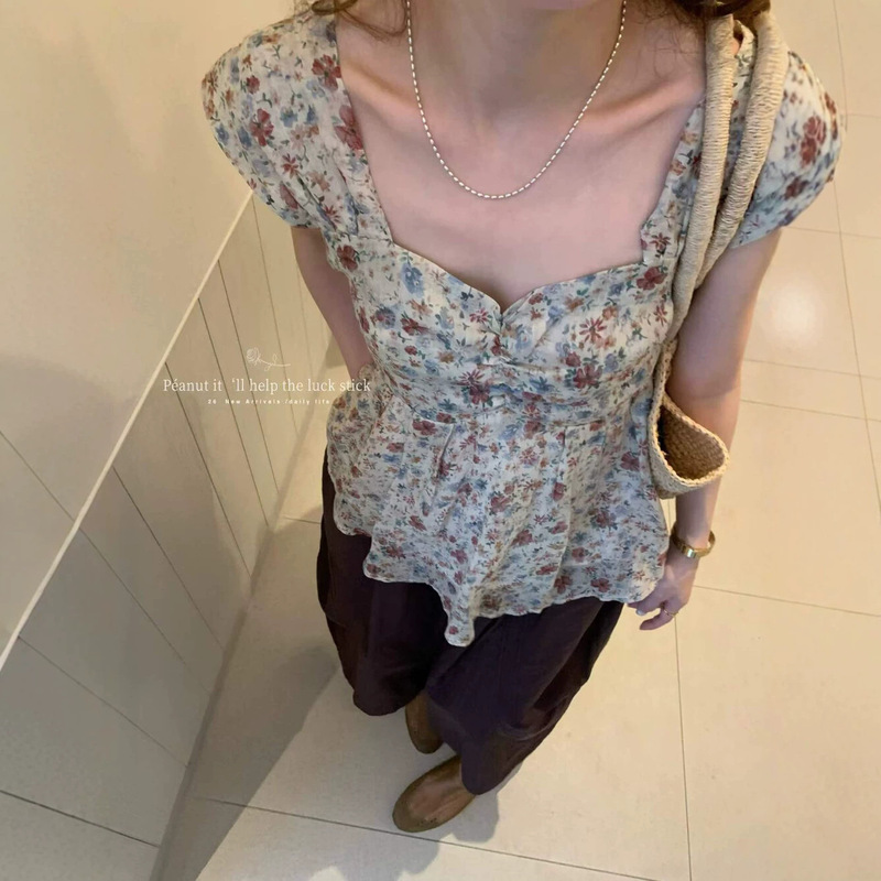 Peanut Peanut Home Summer Women's Gentle Style Oil Painting Print Versatile Slimming Square Neck Sleeveless Top 11133-1 Peanut Peanut Home Summer Women's Gentle Style Oil Painting Print Versatile Slimming Square Neck Sleeveless Top 11133-1