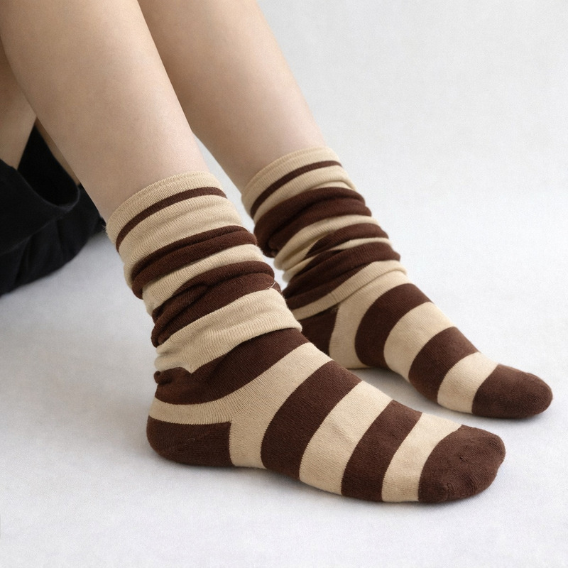 Retro Color-Block Striped Slouch Socks for Women, Korean Style Lazy Style, Melard Mid-Calf Socks, Comfortable Cotton Socks