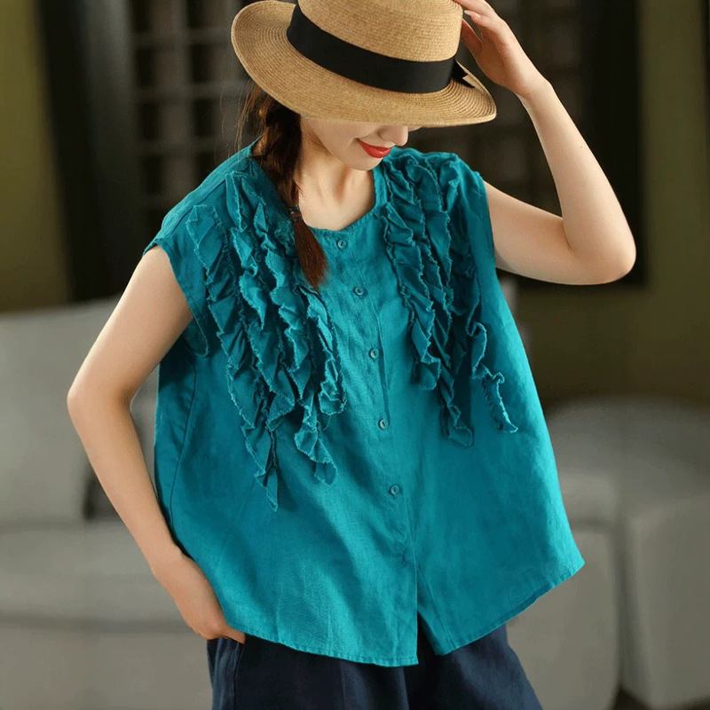 2026 Retro Heavy-Duty Ruffled 100% Hemp Short Sleeve Shirt Elegant Round Neck Single-Breasted Blouse for Women