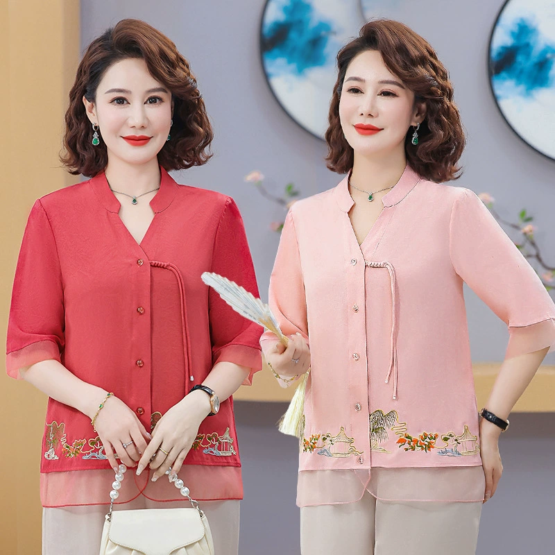 Летняя одежда для мам 2025 года, новая китайская ретро-рубашка, топ с рукавом три четверти, летний свободный кардиган, вышитая рубашка V-образного выреза