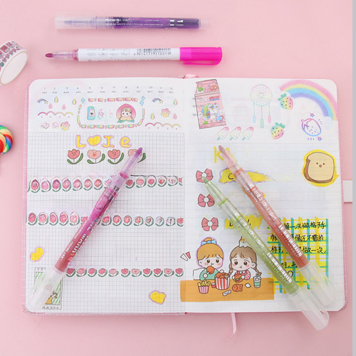 Double Line Outline Pen Graffiti Painting Color Marking Student Handbook Internet Famous June 1st Fluorescent Pen Flash 12 Sets 