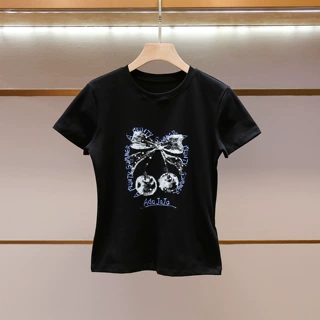深圳南油高端女装夏季新款韩版时尚设计感蝴蝶结印花钉珠短袖T恤