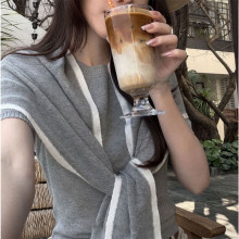 2026早春韩系穿搭一整套老钱风短袖针织衫女披肩叠穿上衣两件套