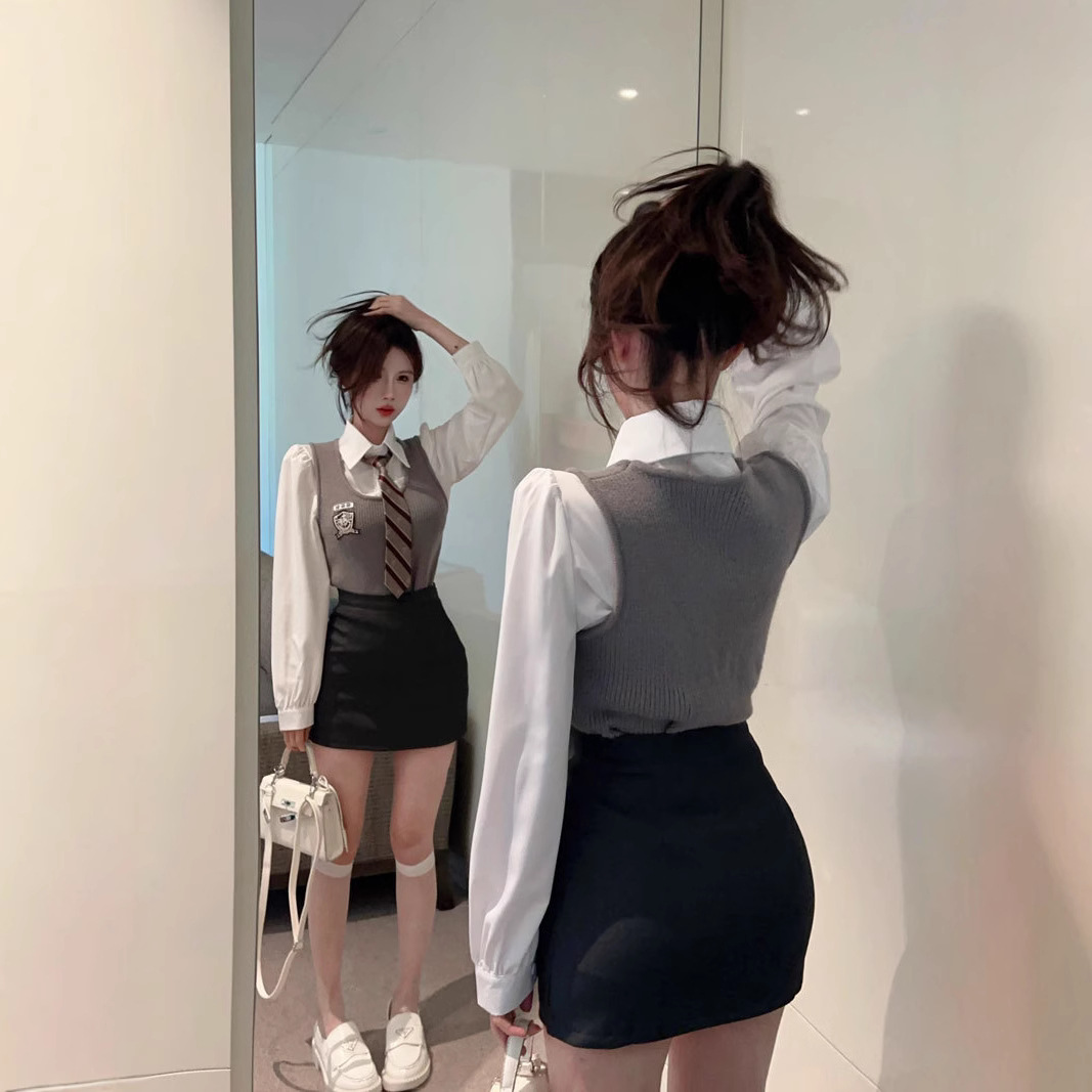 작은 패션 서양식 달콤한 핫 칼리지 스타일 세트 한국 스타일 착용 JK 유니폼 조끼 3 피스 세트 가을과 겨울