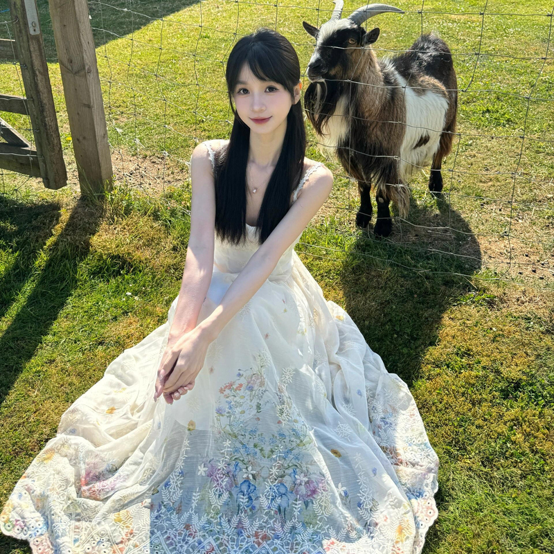 秘镜花园重刺绣吊带连衣裙女夏季海边度假风腰显瘦绝美长裙子|undefined