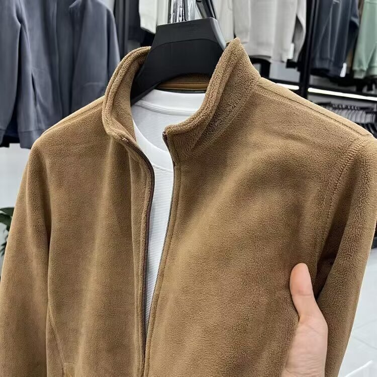 Ao Grain Fleece Sweater Men's Vertical Collar Zipper Cardigan Jacket Autumn and Winter Men's Thickened Warm Polar Fleece Solid Color Jacket