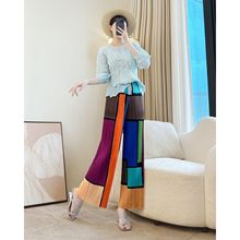 一件代发度假风褶皱印花休闲裤春秋长裤直筒裤显瘦垂感三宅裤子女