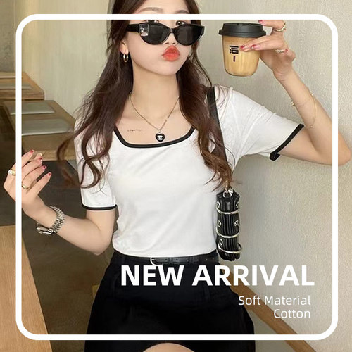 New color block square neck short sleeve women's t-shirt large size slimming ribbed cotton undershirt women's summer high-end 