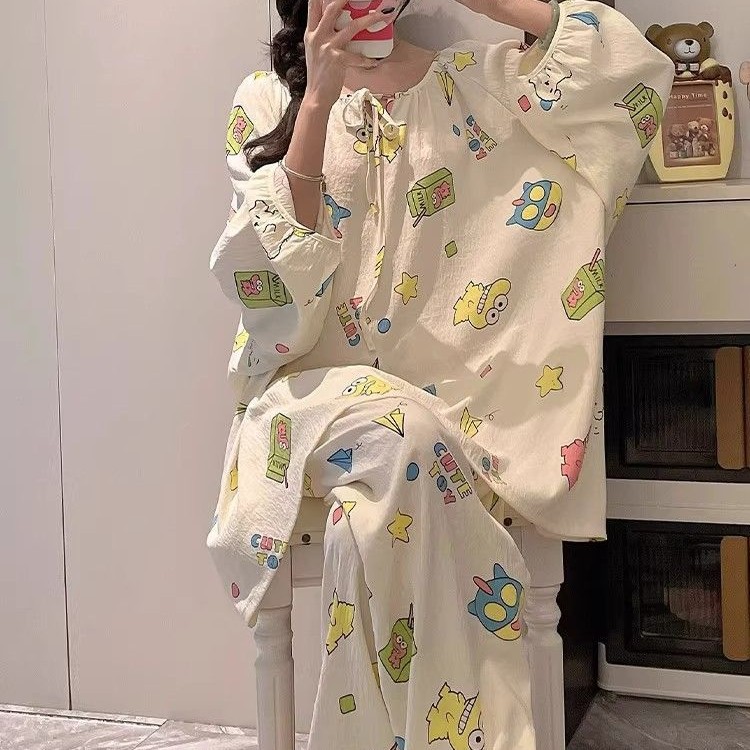 Pijamas de algodón nubes al por mayor transfronterizos de primavera y otoño de cuello redondo hoodie de mangas largas pantalones dulces y sueltos ropa para el hogar cómoda