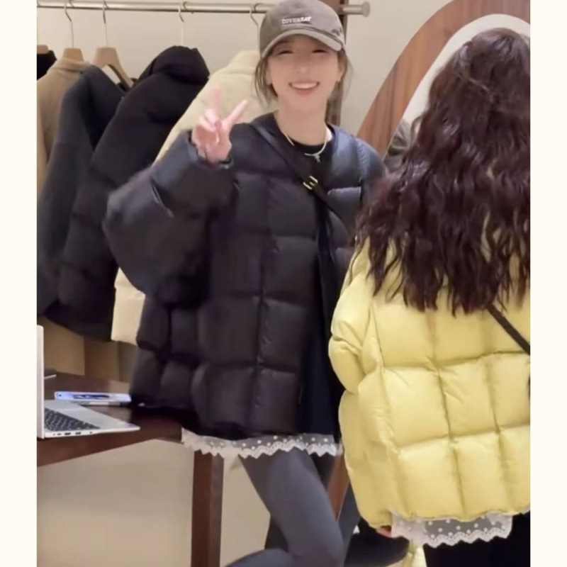 方块羽绒棉服女2025冬季新款宽松休闲韩版圆领加厚大码棉衣外套女|undefined
