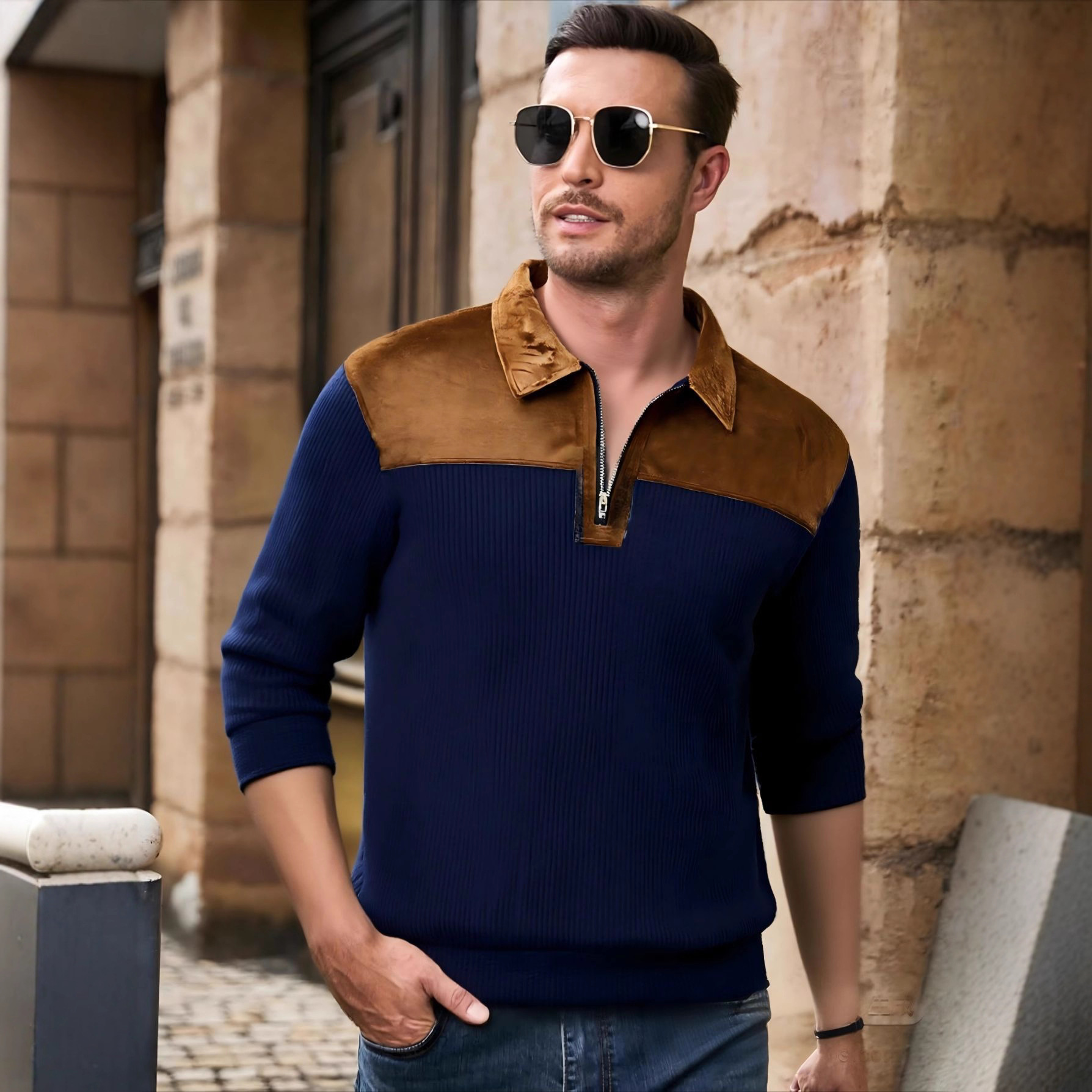 Men's Suede Patchwork Knit Sweater Zip up Long Sleeve Casual T-Shirt Breathable Spring Autumn White Polyester Outdoor Polo_voghion.com
