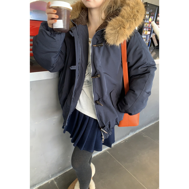 羽绒棉服女大毛领派克服2025冬季新款加厚棉衣复古牛角扣棉袄外套