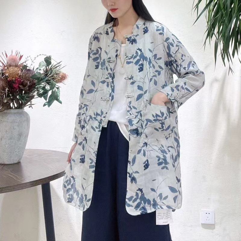 2025 Summer New National Style New Chinese Style Button Print Shirt Top Women's Artistic Elegant Medium Cardigan