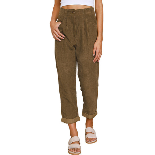Women's Fall High-Waisted Casual Pants European and American Solid Color Corduroy Loose Straight Leg Pants