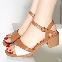 跨境外贸一字式扣带女鞋拼色方跟粗跟鱼嘴凉鞋休闲时尚妈妈高跟鞋