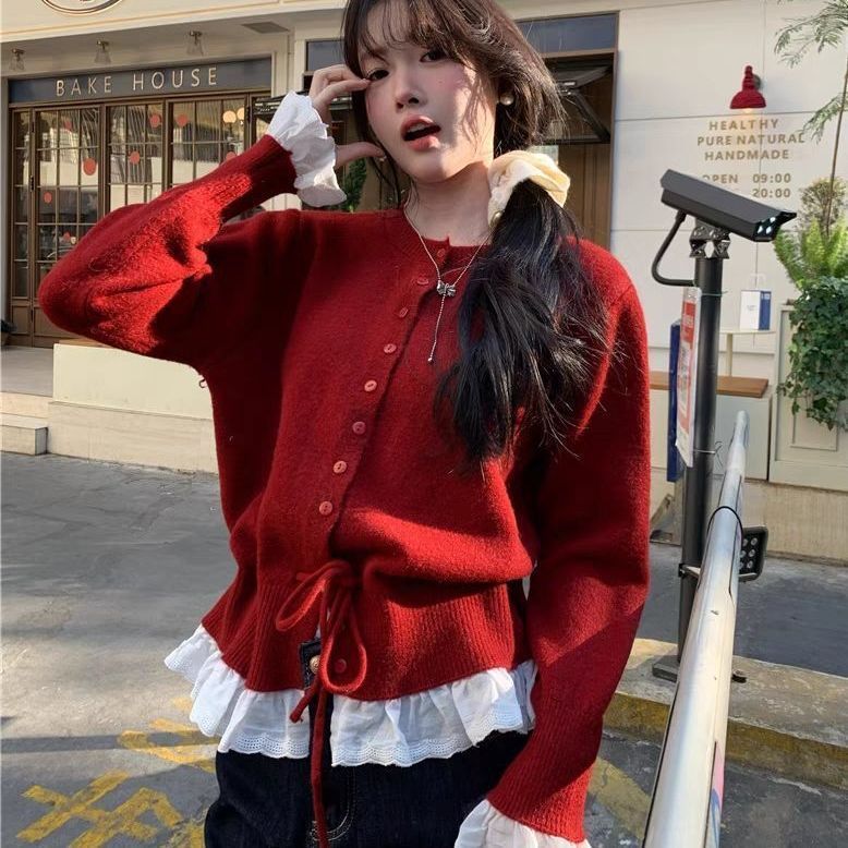 韩系红色假两件圆领拼接针织开衫女秋冬季收腰设计感抽绳内搭上衣|undefined