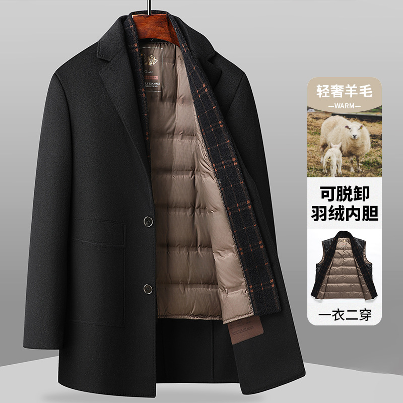 Autumn and Winter New Men's Double-Sided Woolen Outwear Mid-Length Scarf Collar down Removable Liner Wool Outwear Men's Jacket