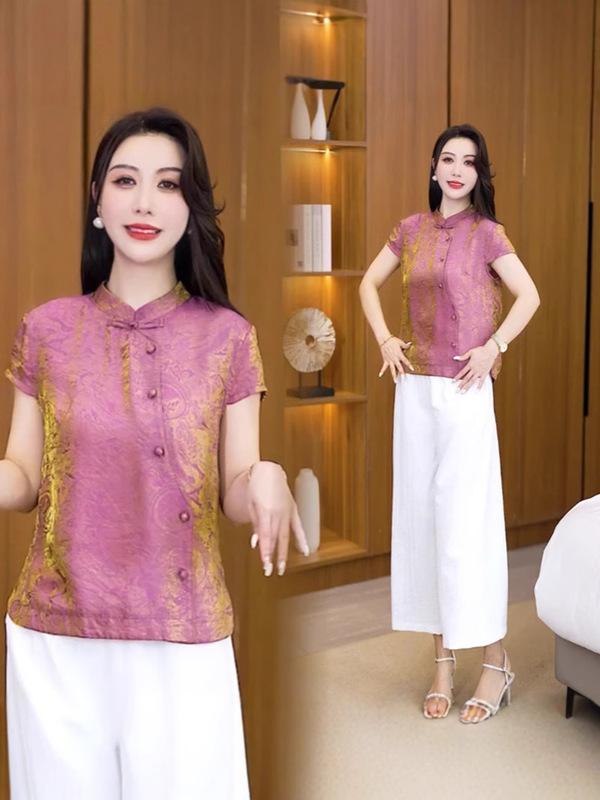 新しい中国風の女性の半袖スタンドカラーチャイナスタイルシャツトップ薄い女性のファッショナブルなTシャツ偏心ボトムシャツ大きいサイズ|undefined