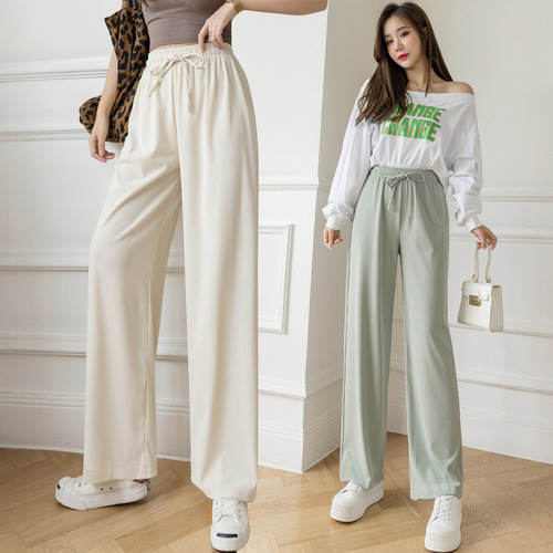 Women's Spring Summer 2024 New Ice Silk Wide Leg Pants High-Waisted Flowy Loose Straight Leg Casual Slimming Wearable Floor-Length Pants