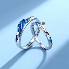 鍍s999純銀戒指海藍時見鯨情侶對戒小眾設計飾品情人節禮物