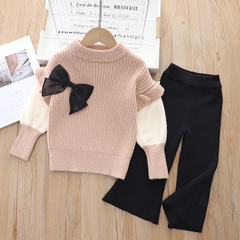 Korean Fall/Winter Girls' Crew Neck Sets with Bottoms: Princess Knit Wide Leg Pants and Sweater Two-Piece Set for Girls
