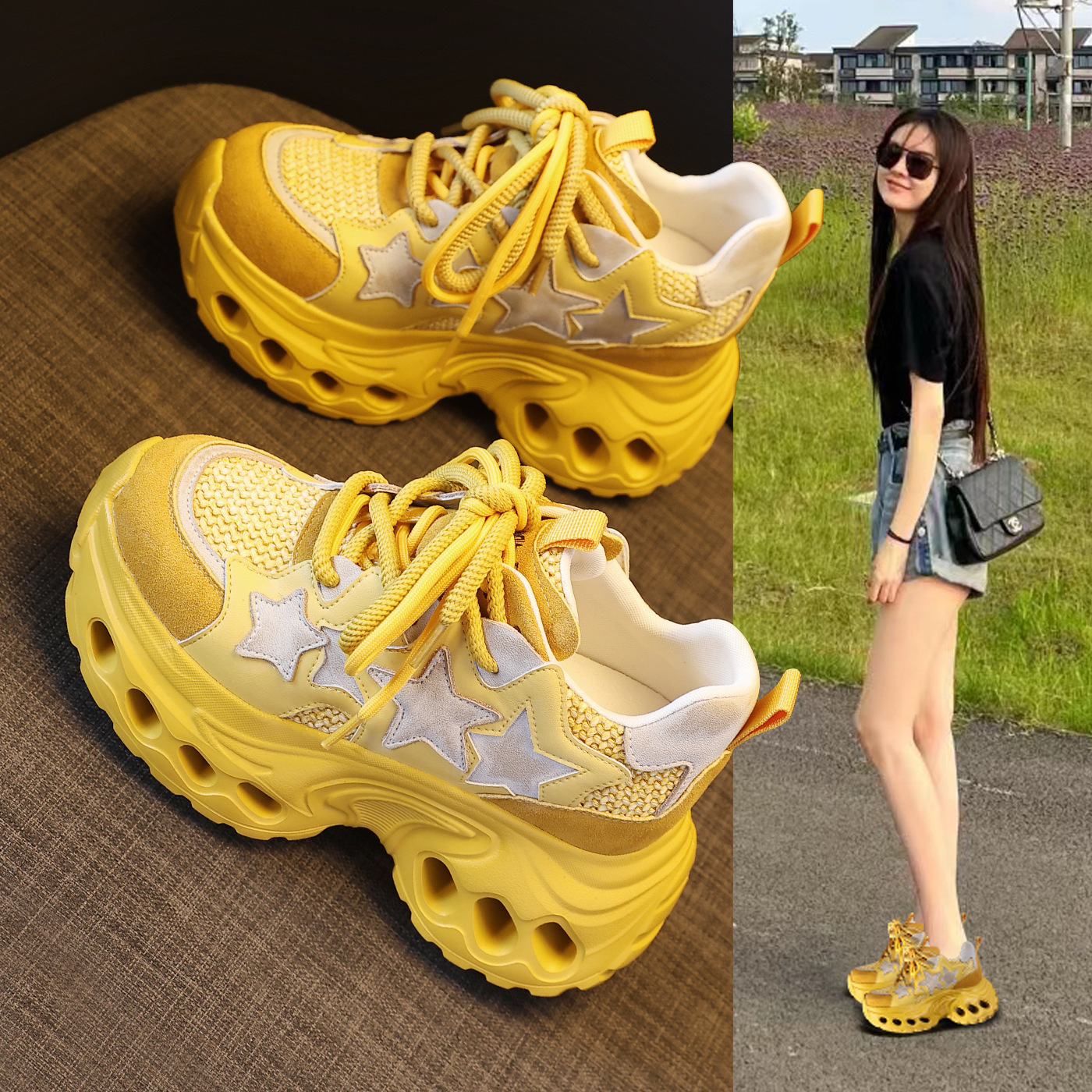 Giày sneaker nữ đế dày chunky lưới thoáng khí tăng chiều cao — màu trắng