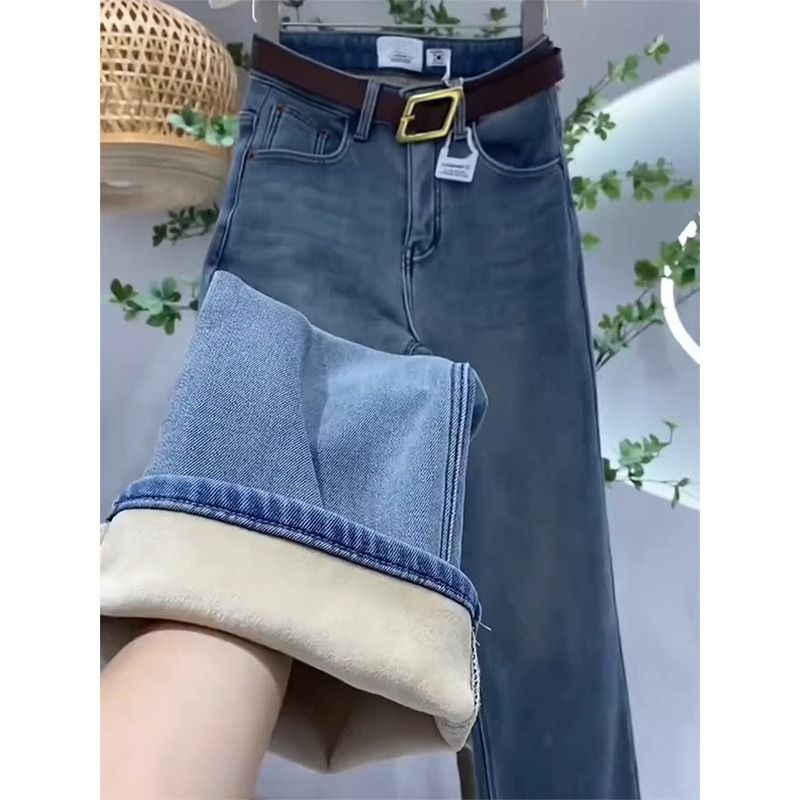 欧货加绒加厚牛仔裤女2025冬季新款胖mm梨形身材小个子直筒阔腿裤|undefined