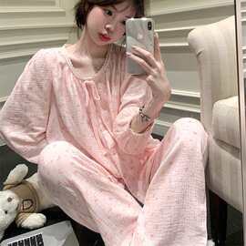 甜美粉色小兔子碎花少女蕾丝拼接花边家居服透气棉纱长袖睡衣套装