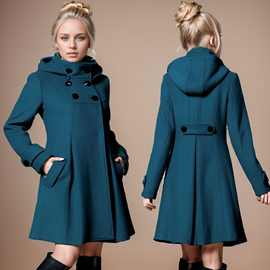 【欧码】新款毛呢外套女士中长款呢子大衣连帽双排扣斗篷风衣
