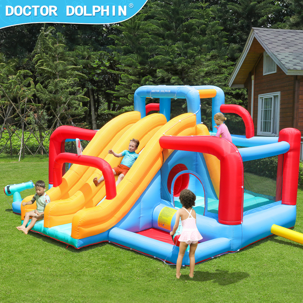 Castillo inflable para niños Doctor Dolphin, parque acuático inflable con doble tobogán para el hogar, castillo inflable interior con trampolín