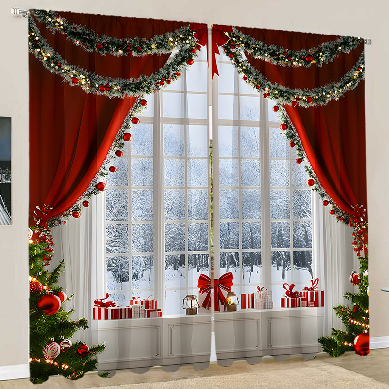 2PCSヨーロッパ風カーテンカーテンカーテンクリスマスシリーズカーテン工場代発3dデジタルプリントクロスボーダーアマゾンカーテン|undefined