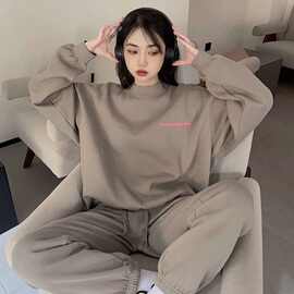 发泡美式时尚休闲运动服套装女春秋季学生韩版宽松卫衣两件套