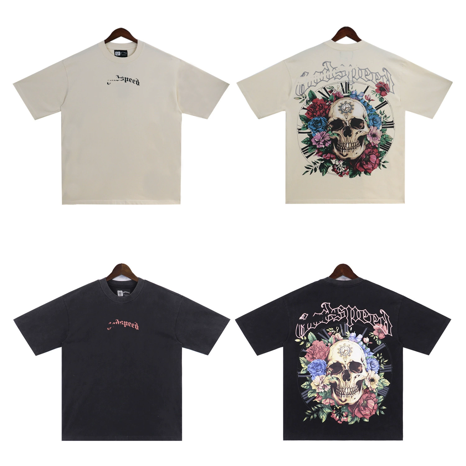 Трансграничный прилив бренд мойка футболка GODSPEED буква моды череп роз принт футболка модная повседневная короткая рукава