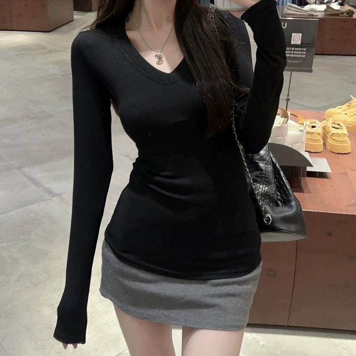 Чистый черный воротник с длинными рукавами, рубашка с положительным плечом, женская осенняя новая тонкая талия, тонкая и горячая девушка топ