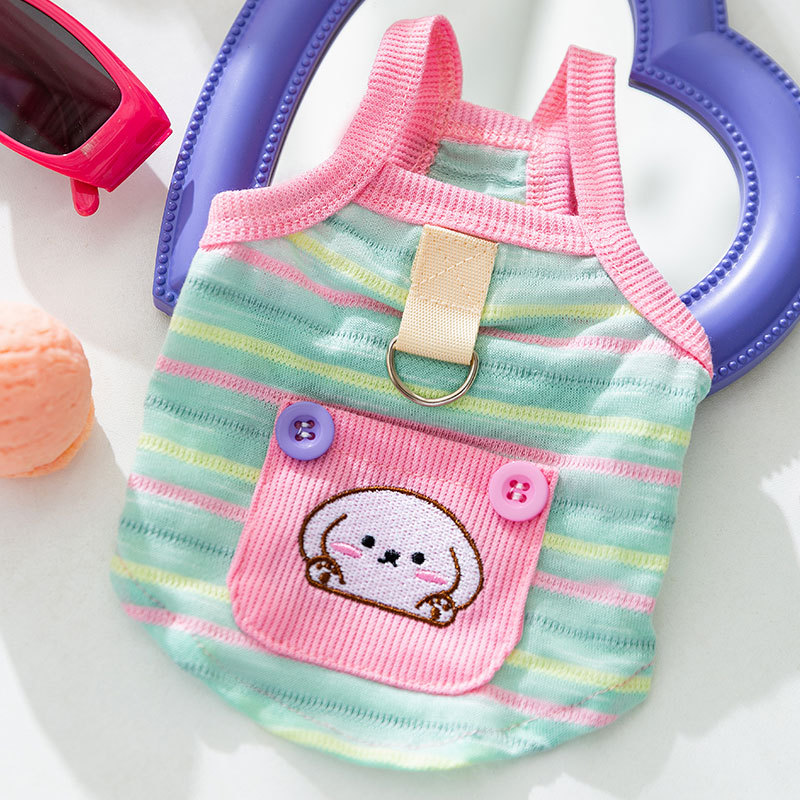 Perro de primavera y verano, rayas, color de contraste, bolsillo, cachorro, lindo cabestrillo, peluche, oso, gato, perro, ropa delgada