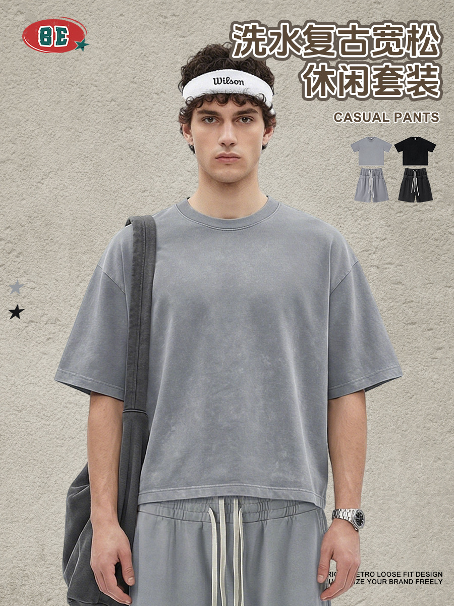 Be Hombres| Retro americano lavado en agua camiseta de mangas cortas pantalones cortos BOX dos piezas conjunto hecho viejo traje casual hombre