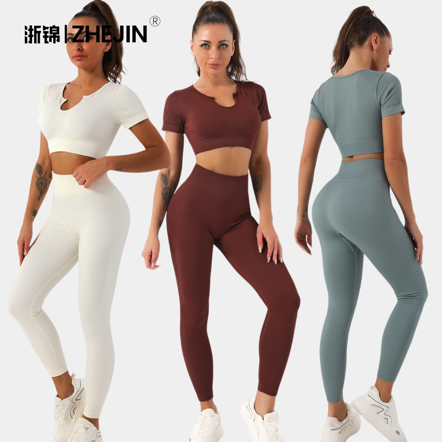 Zhejiang brocade European and American thread yoga clothing sports suit women's short sleeve fitness clothing top high waist yoga pants fitness pants