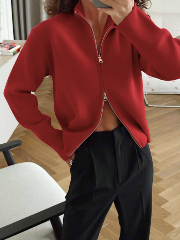 Áo khoác cardigan len dệt kim cổ đứng khóa kéo hai chiều dài tay — Màu nâu cà phê, Màu trắng, màu đen, màu đỏ chi tiết 11