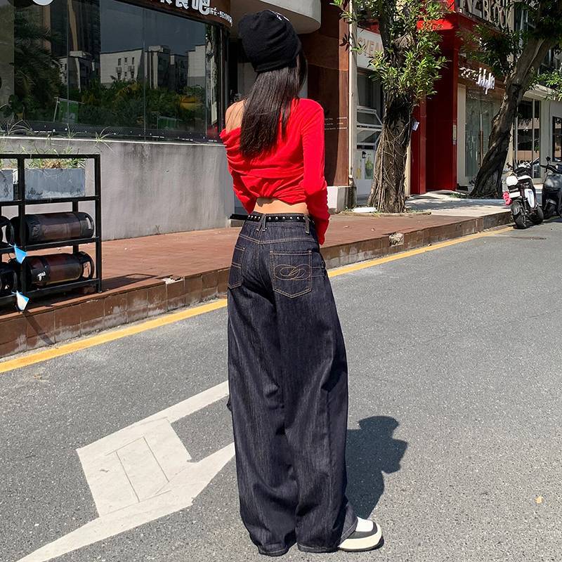批发代发秋季爆丹宁色美式复古水洗宽松直筒牛仔裤女绣花垂感阔腿|undefined