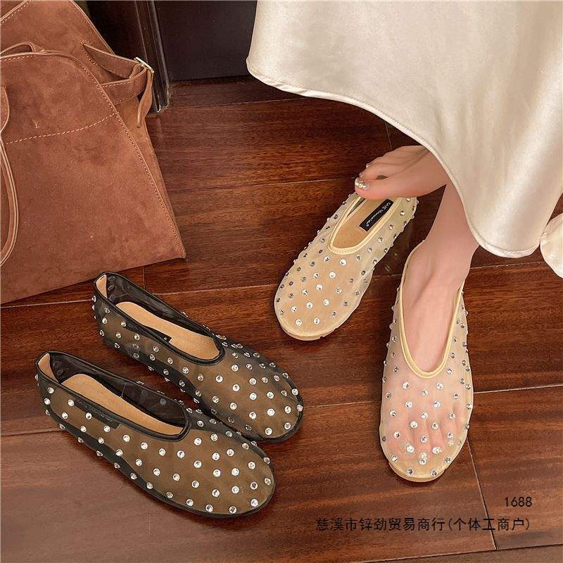 Chanel-inspired mesh rhinestone Mary Jane shoes, new style, shallow-cut flat ballet flats, fashionable runway shoes, sandals.