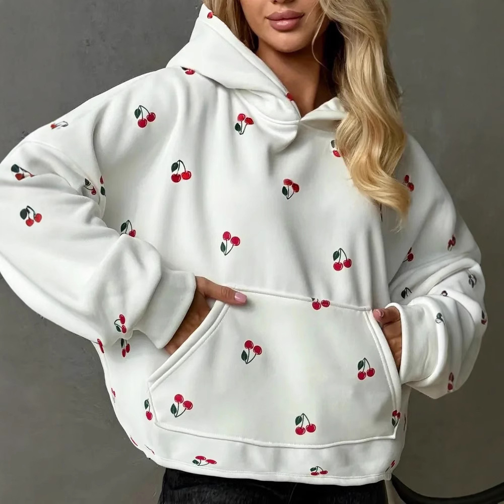 Cherry Print Sweatshirt Jacket Autumn Women's European and American Street Style Fashion Brand Loose Versatile Sports Hoodie