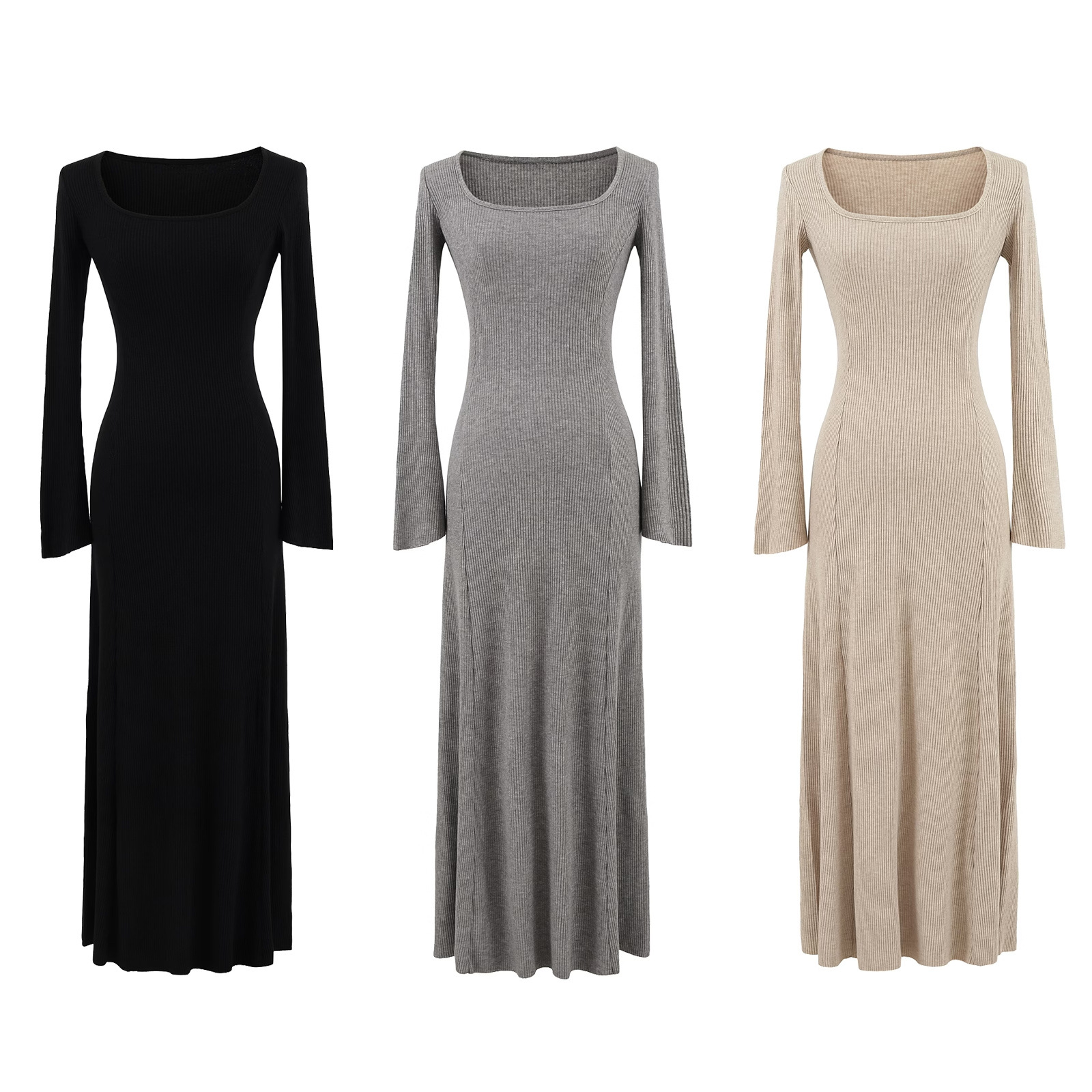 ​​Flared Sleeve Mock Neck Knit Dress – Slim Waist A-Line Mini/Midi Dress (Black/Grey/Khaki, S-L)​​_ecoleips.com
