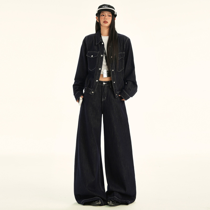 American Cardigan Short Denim Top Jacket for Women Early Autumn New Versatile Fashionable Denim Wide-Leg Jeans for Women