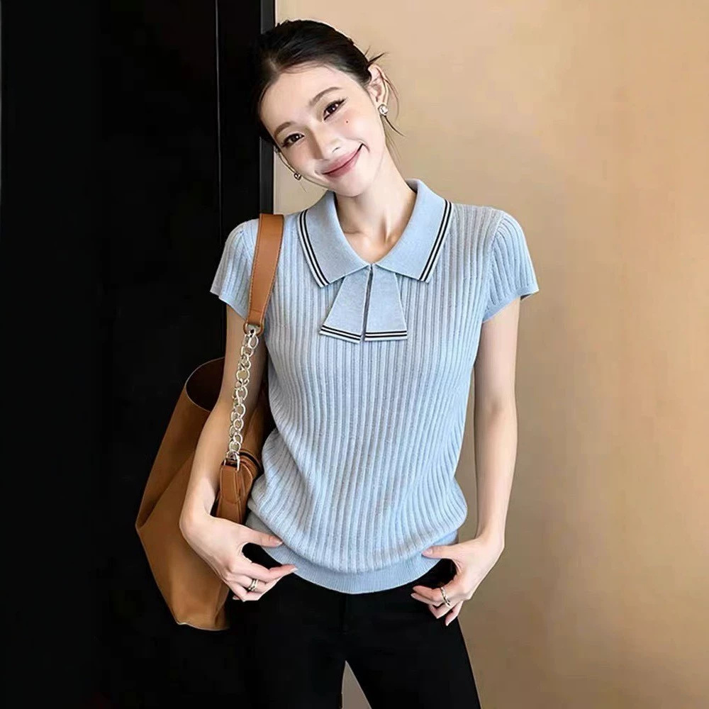 Áo thun nữ tay ngắn cổ bẻ nơ lụa, chất liệu sợi mát mùa hè — xanh lam chi tiết 3