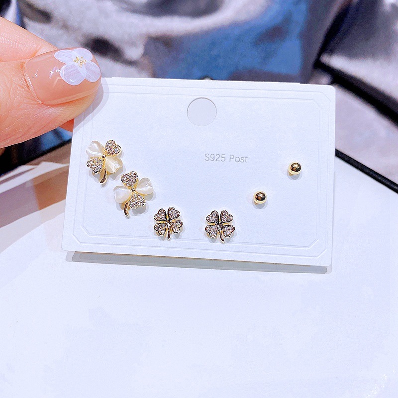 YAKEMIYOU Fashion three pairs heart-shaped four-leaf clover copper earrings set