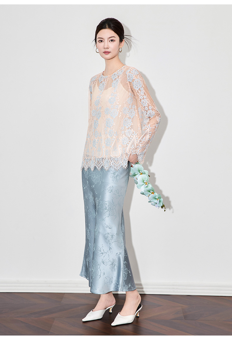 Áo sơ mi ren jacquard phong cách Pháp thanh lịch tay dài — Màu hồng chi tiết 12