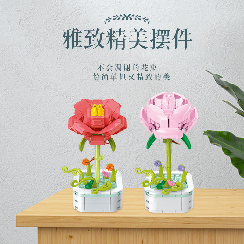 Diamond Horse Building Blocks Flower Potted Immortal Building Blocks Flower Kidsren's Educational Assembly Girl Toys Birthday Gift Desktop Ornaments