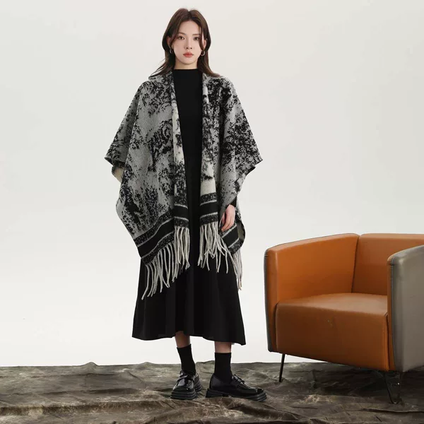 Casual Ink Painting Shawl for Women, Classy Fashionable Cape Jacket, Autumn and Winter Classy Imitation Cashmere Scarf