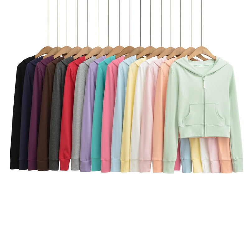 Dopamine-Colored Thin Hooded Zip-Up Sweatshirt Jacket for Women with Double Pockets, Slim Fit, Waist-Cinching, Casual Sports Cardigan Top