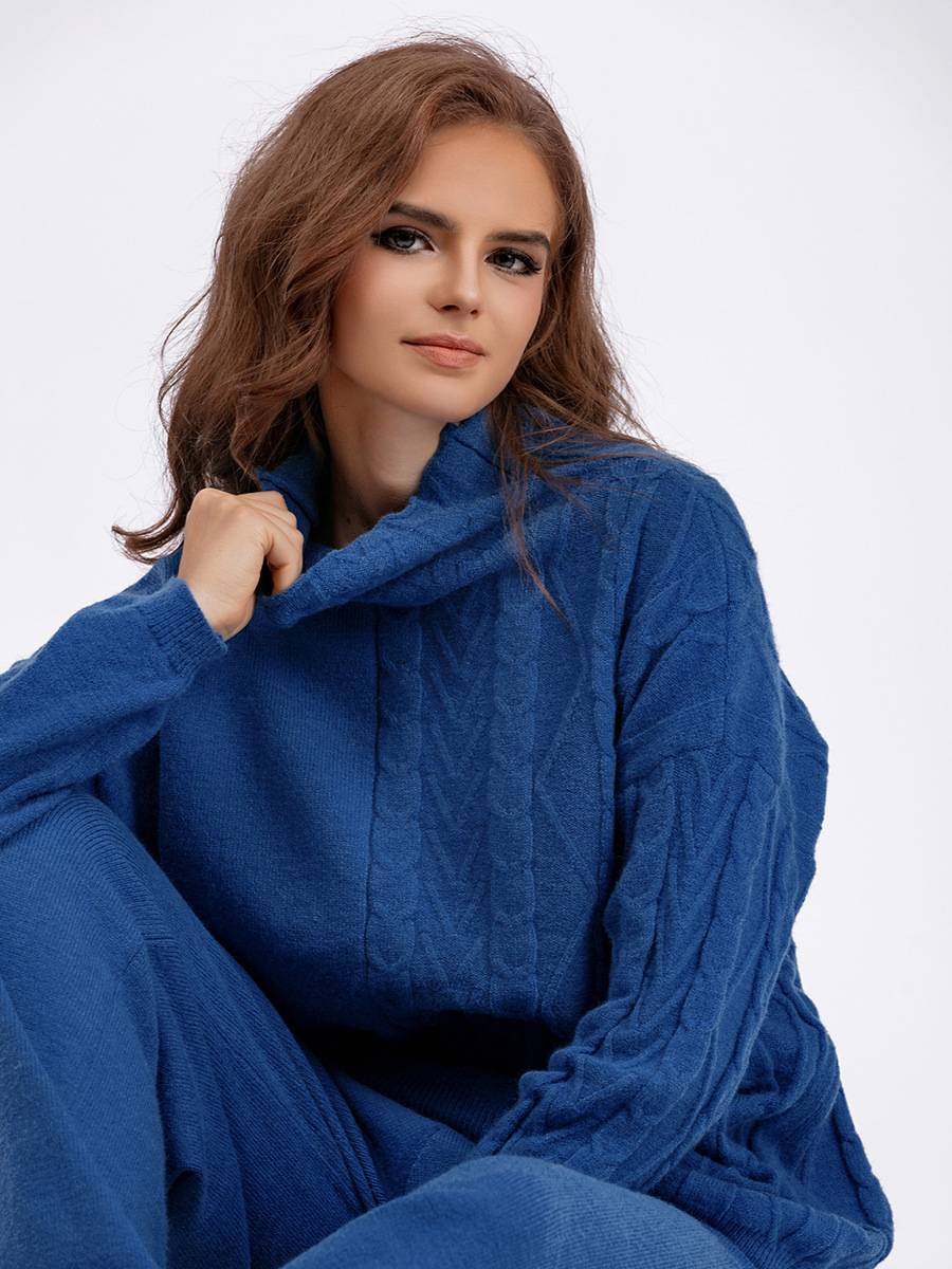 Damenbekleidung Herbst und Winter große Größe Rollkragenanzug Mode neue sanfte faule Stil Pullover zweiteiliges Set einfarbig gestrickt_voghion.com